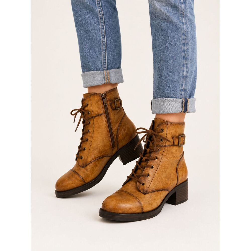 Rampage Kessa Womens 9 Brown Combat Boots Lace Up Buckle Moto Block Heel Y2K